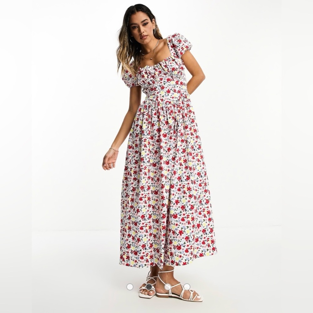ASOS DESIGN milkmaid ruched bust midi dress with open tie back in floral print